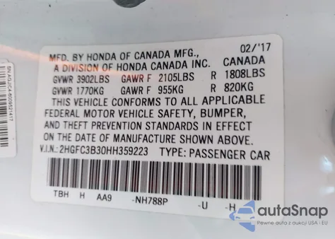 2017 Honda Civic Ex-T from USA, damaged, VIN 2HGFC3B30HH359223